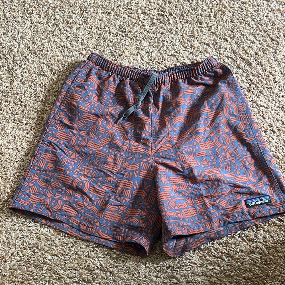(XS) Patagonia Baggies Navy Blue Orange Brown Swim Shorts Elastic Waist